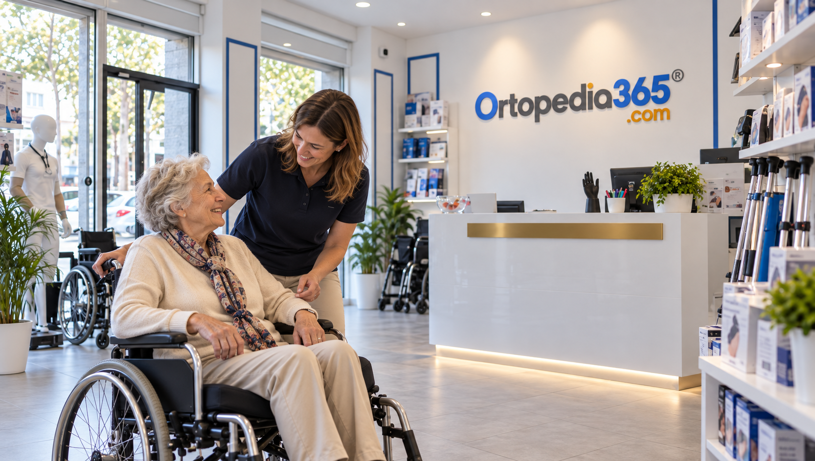 Asesora de Ortopedia365.com atendiendo a una mujer mayor en silla de ruedas en nuestra tienda de ortopedia en Madrid.